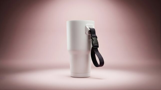 White Insulated Tumbler with Black Paracord Handle and Carabiner Clip Against a Soft Pink Gradient Background