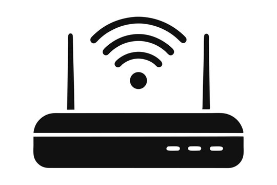 Simple black and white illustration of a wireless router with internet connectivity symbol