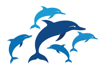 Fototapeta premium Stylized graphic illustration of a pod of swimming and jumping dolphins on white background