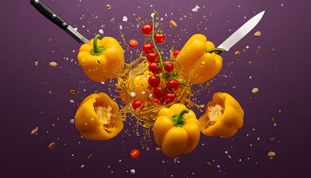 Exploding Yellow Bell Peppers with Knife and Cherry Tomatoes on Dark Background