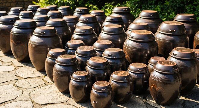 Traditional korean earthenware pots on display outdoors in various sizes