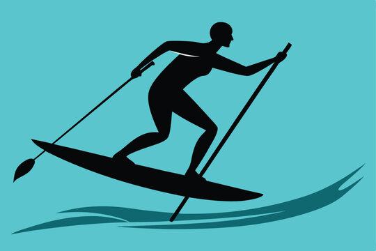 Silhouette illustration of a person paddleboarding on the water with a teal background