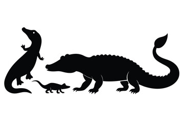Fototapeta premium Silhouette of a crocodile family with three alligators in a clean white background