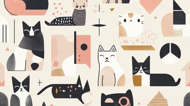 Abstract geometric seamless pattern with cute cats in pastel colors.