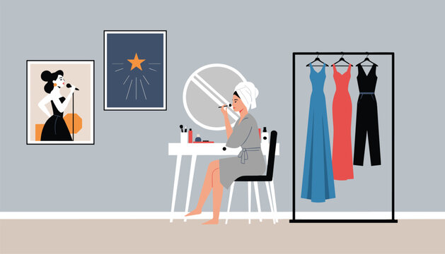 Elegant woman sitting at her vanity table applying makeup while preparing for a glamorous evening stage performance.