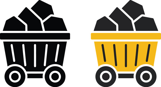 Mining Cart Icon Set Featuring Industrial Mining, Raw Material Transport, and Energy Sector Symbols