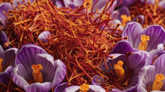 A close-up, detailed view of vibrant purple crocus flowers with bright orange stigmas, surrounding a pile of dried red saffron threads in the center, showcasing the precious spice and its floral