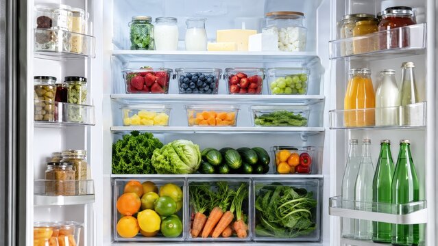 Open stainless steel refrigerator neatly stocked with fresh fruits, vegetables, dairy, bottles, and jars