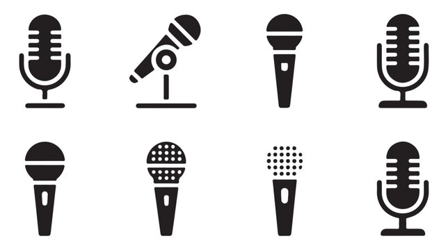 Professional microphone icons set for audio recording broadcast podcast and musical stage performance black vector.