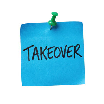Blue sticky note with takeover text message on transparent background