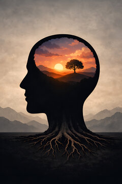 Surreal Mindscape at Sunset &ndash; Human Profile with Inner Tree Landscape