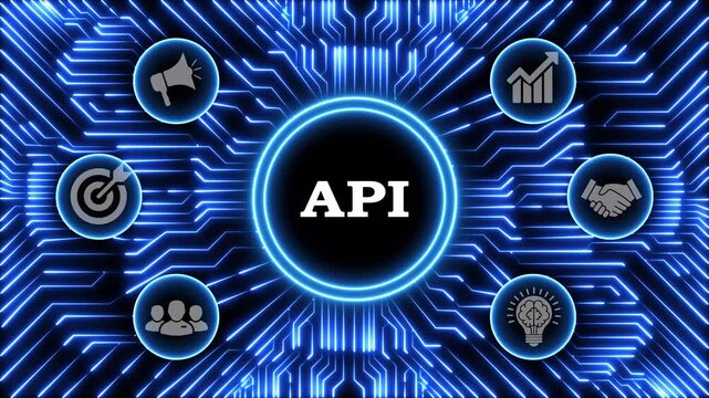 API text animation with neon effect on electric circuit background, loop video.