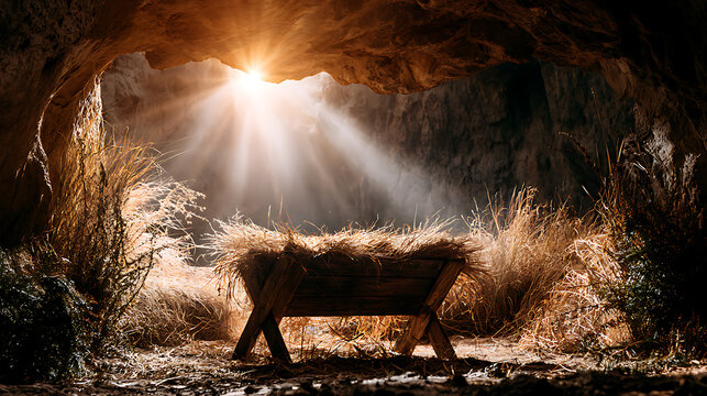 Nativity scene, Christian Christmas concept, Birth of Jesus Christ, wooden manger against cave background, banner, space for text, Jesus is the reason for the holiday.