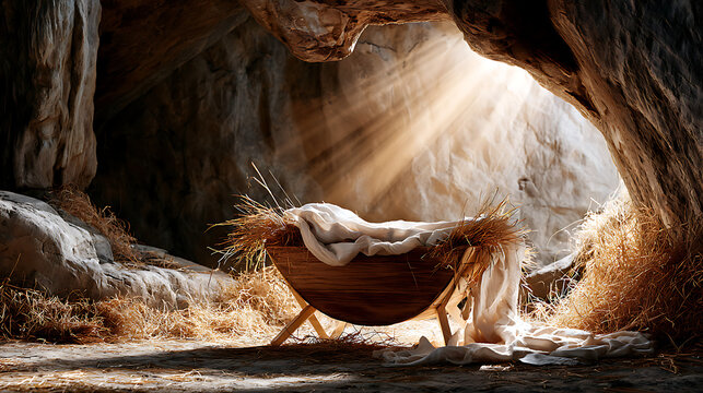 A tranquil nativity scene in a humble rocky cave, a wooden manger filled with hay, a warm golden light emanating from the manger and illuminating the surrounding stone walls, a soft glowing halo, a pe
