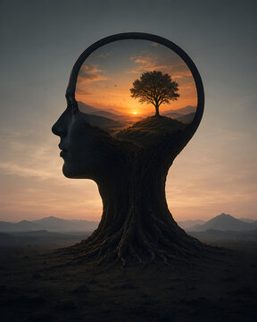 Surreal Mindscape at Sunset &ndash; Human Profile with Inner Tree Landscape