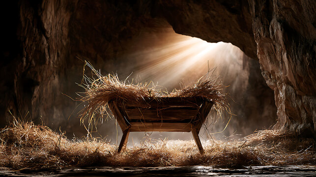 A serene nativity scene in a humble rocky cave, a wooden manger filled with hay, a warm golden light emanating from the manger and illuminating the surrounding stone walls, a soft glowing halo, a peac