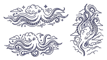 Celestial octopus drifting through clouds and stars in line art © hakimi
