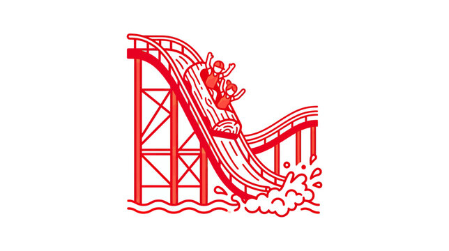 People on a log flume ride splashing into water at an amusement park