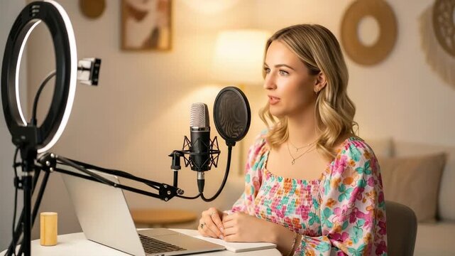 Young woman recording podcast with microphone and laptop in cozy home studio