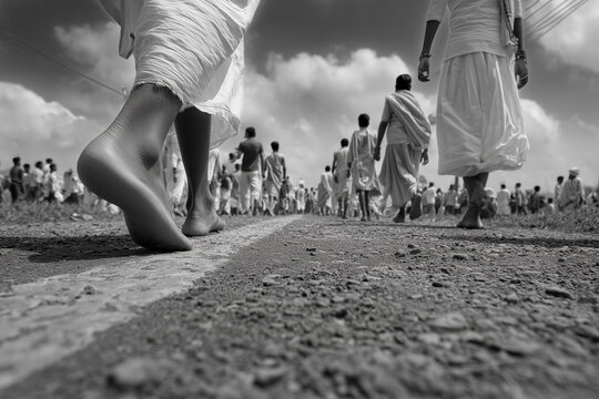 Bare feet of devotees on road during Rath Yatra in B&W with open top space for content.
