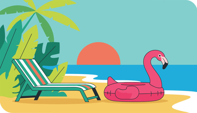 Relaxing beach landscape with a comfortable striped deck chair and a fun pink flamingo float on the shore during a golden sunset.