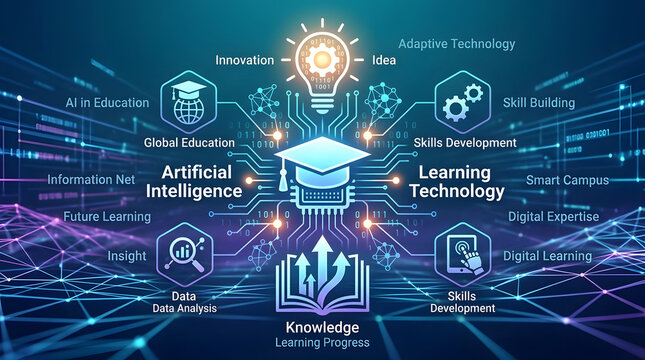 AI in Education: A dynamic infographic illustrates the intersection of Artificial Intelligence and Learning Technology, showcasing concepts like innovation, skill building.