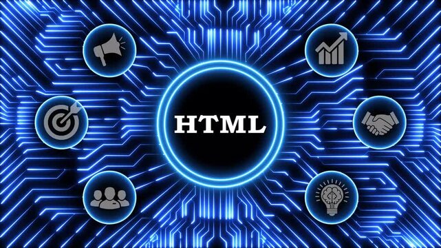 HTML icon with business icons on circuit board background global network connection.