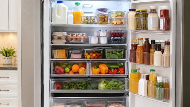 Open refrigerator neatly stocked with fresh produce, beverages, condiments, dairy, eggs and organized food storage