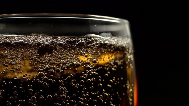 effervescence. Close-up of dark soda with dense bubbles and condensation on glass. bar promotions, beverage menus, designed for product packaging and bar promotions.