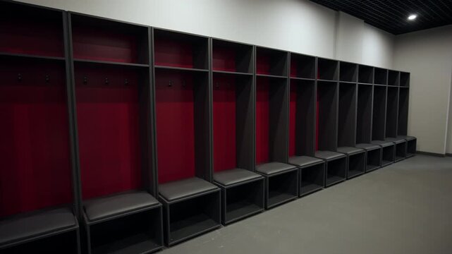 Sports facility features line of minimalist locker compartments along wall. Organized environment creates focused atmosphere before practice