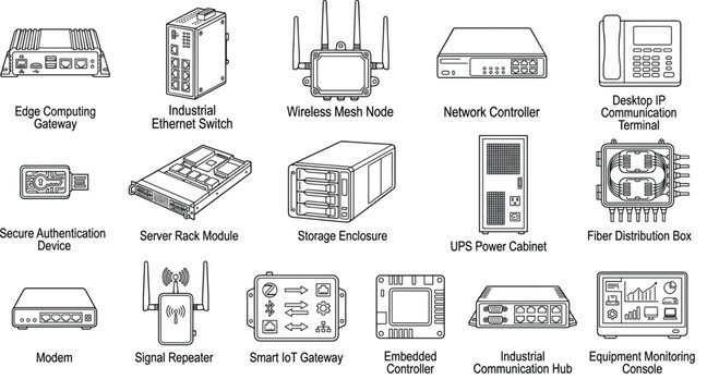Set of networking and industrial computing equipment line art illustrations including IoT gateways switches servers and hardware modules