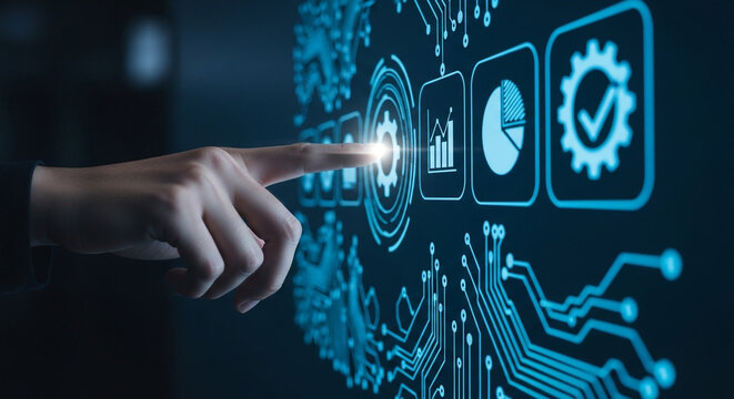 A hand interacting with a futuristic digital interface with glowing blue circuit board and icons