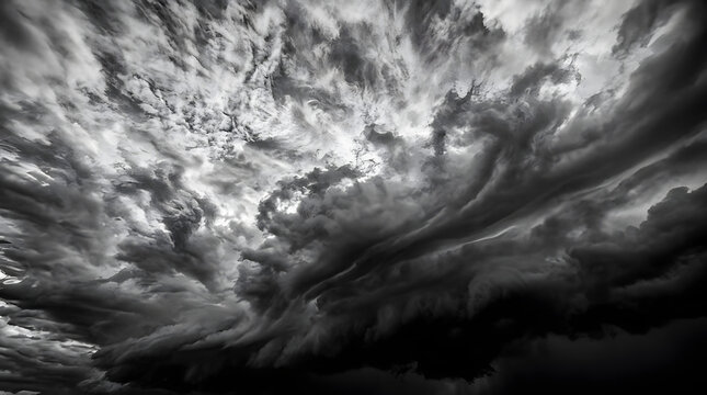 Dramatic Storm Clouds: A high-angle view captures the tumultuous and dark masses of storm clouds, swirling in dramatic patterns, hinting at an impending tempest.
