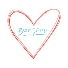Cute hand drawn red heart with Bonjour greeting text illustration © gorgang