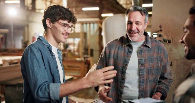 Men, handshake or carpenter team in factory for apprentice support, planning or happy. Partnership, people or shaking hands in timber workshop for cooperation, project development or intern feedback