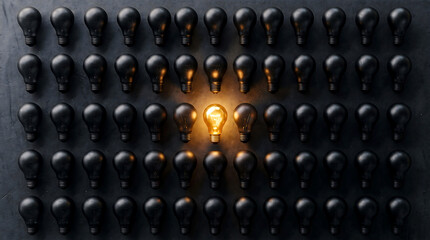 Obraz premium A single glowing yellow light bulb stands out brightly amidst a large grid of dark matte black bulbs arranged perfectly on a dark textured background in this high contrast composition.