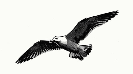 Fototapeta premium Seagull soaring in flight, black and white engraving style, isolated on white