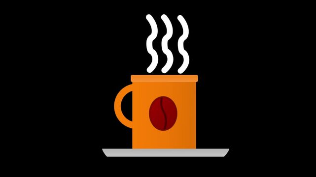 Animated orange coffee mug featuring a bean emblem with rising steam lines on black and green screen backgrounds