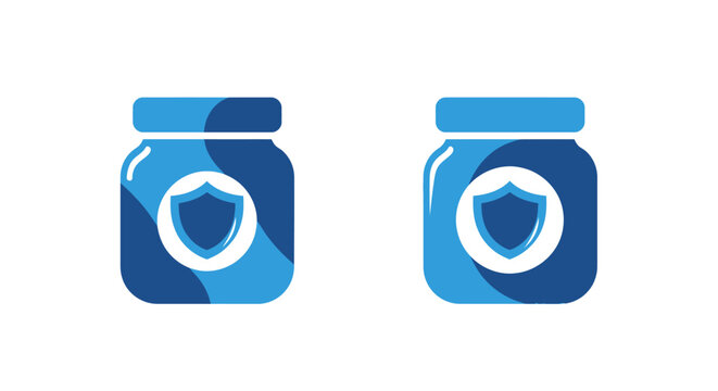 Two blue jars with shield icons on lids.