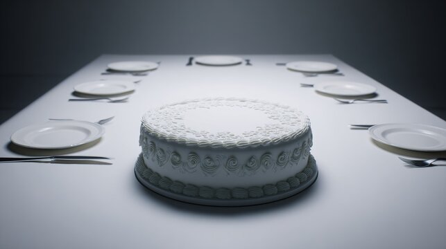 unused. An ornate cake on a dining table with empty plates and unused cutlery. symbolizing life milestones and joyful moments.