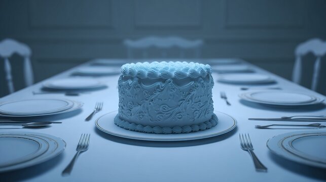 unused. An ornate cake on a dining table with empty plates and unused cutlery. symbolizing life milestones and joyful moments.