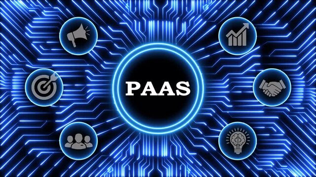 Platform as a service cloud computing concept animation on digital circuit board.