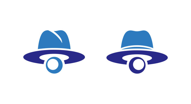 Two Blue Fedora Hats with White Bands and Buttons.