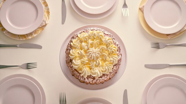 unused. An ornate cake on a dining table with empty plates and unused cutlery. symbolizing life milestones and joyful moments.