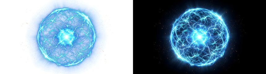 Blue energy plasma sphere with electric lightning veins around a bright glowing core for sci-fi graphics in PNG, Transparent and Black Background Versions for creative visual projects © Crafter