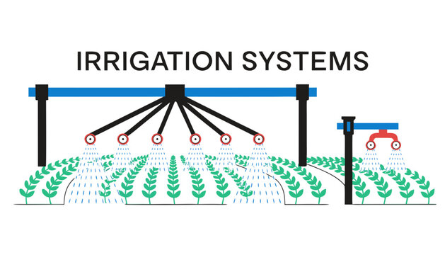 Very beautiful realistic vector illustration of irrigation systems featuring water sprinklers watering healthy crop rows with a bold label reading "IRRIGATION SYSTEMS", isolated on white background.