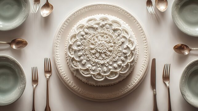 unused. An ornate cake on a dining table with empty plates and unused cutlery. symbolizing life milestones and joyful moments.