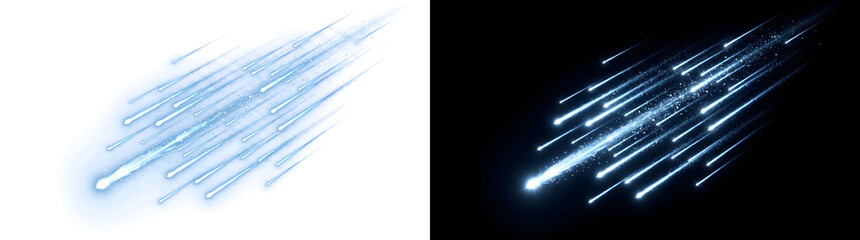 Blue light streak shower with parallel glowing lines shooting diagonally through darkness for futuristic speed graphics in PNG, Transparent and Black Background Versions for creative visual use © Crafter