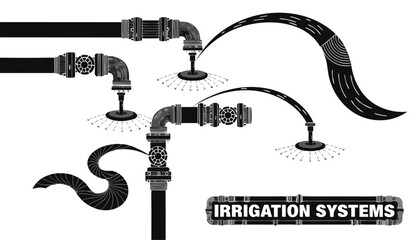 Very beautiful black and white realistic vector illustration of irrigation systems featuring sprinkler pipes and water lines with a bold label reading "IRRIGATION SYSTEMS", detailed engraved linework, © ehsanollah