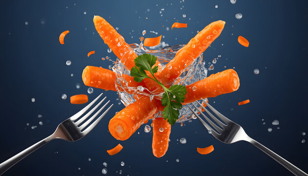 Baby Carrots Splashing in Water with Forks on Dark Background